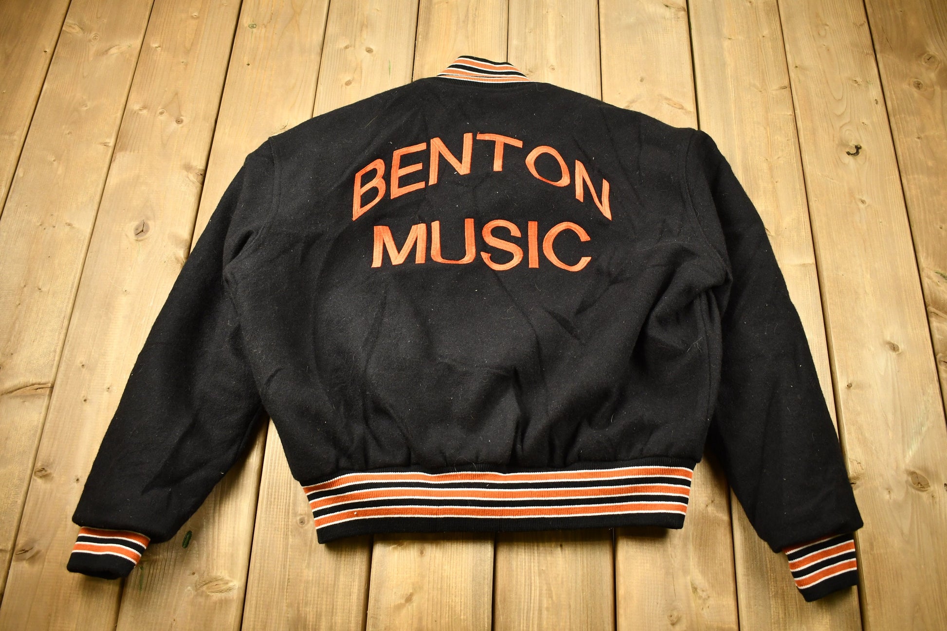 Vintage 1990s Benton Music Wool Varsity Jacket / Embroidered / Orange & Black / Quilted Jacket / Streetwear Fashion / 1990s