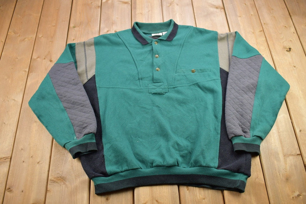 Vintage 1990s Denim Express Colour Block Quarter Button Sweatshirt
