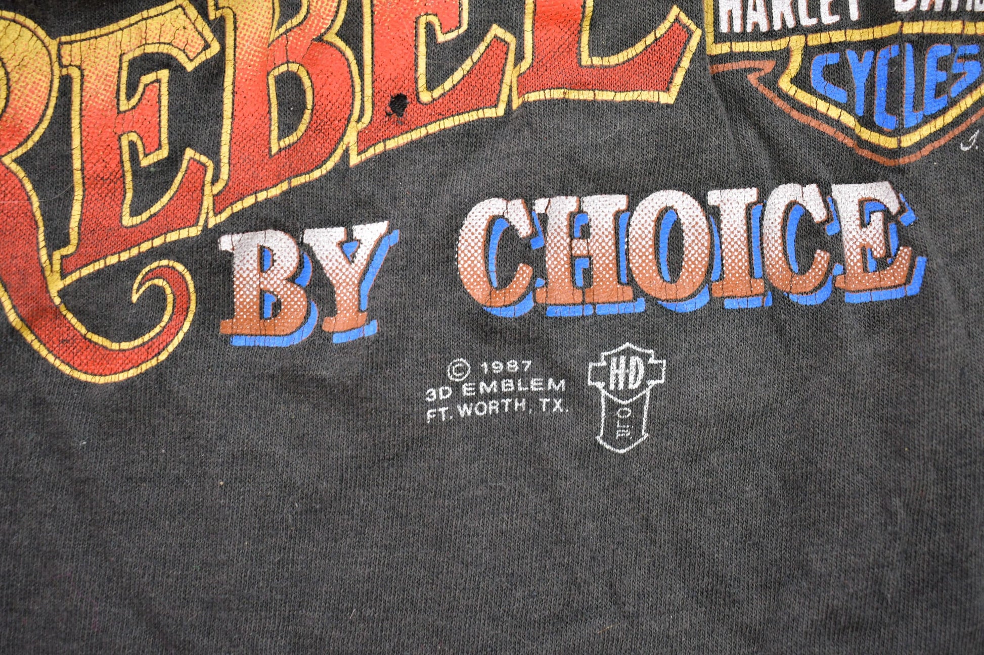 Vintage 1987 Rebel By Choice Harley Davidson Motorcycles Graphic T-Shirt / 80s Graphic / Biker / Streetwear Fashion / Vintage Tee /3D Emblem