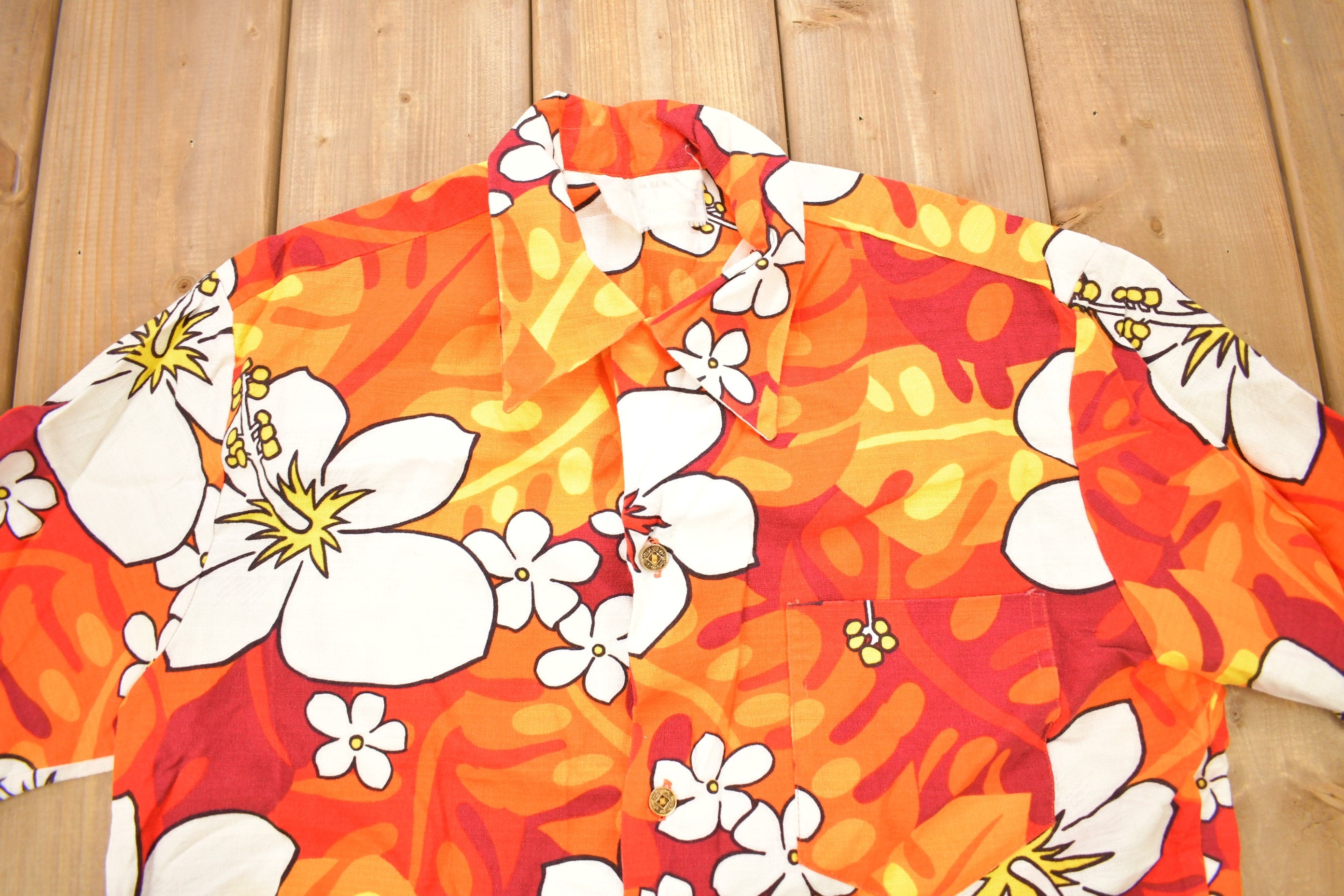 Vintage 1960s Orange Hawaiian Button Up Shirt