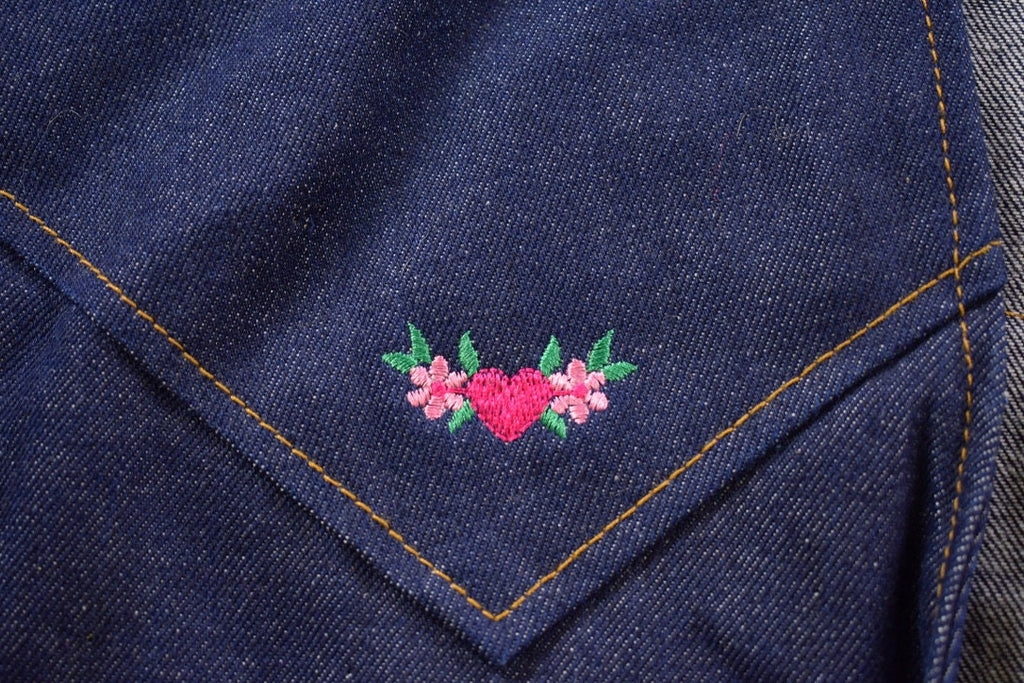 Vintage 1990s Embroidered Cute Denim Jean Vest  Patchwork  Made In USA  Outerwear  Personalized  Cute Dog  Hearts And Flowers