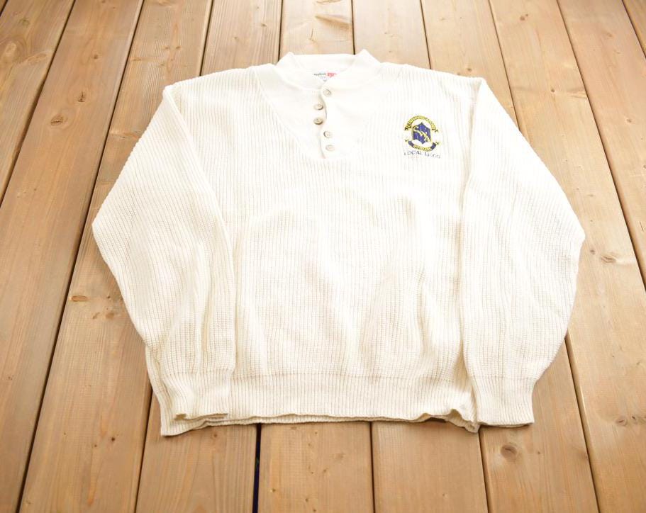 Vintage 1980s Communications Workers Embroidered Button Up Knit Sweater Made In USA
