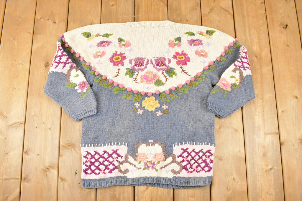 Vintage 1990s Bronte Hand Knit Floral Crewneck Sweater Womens S