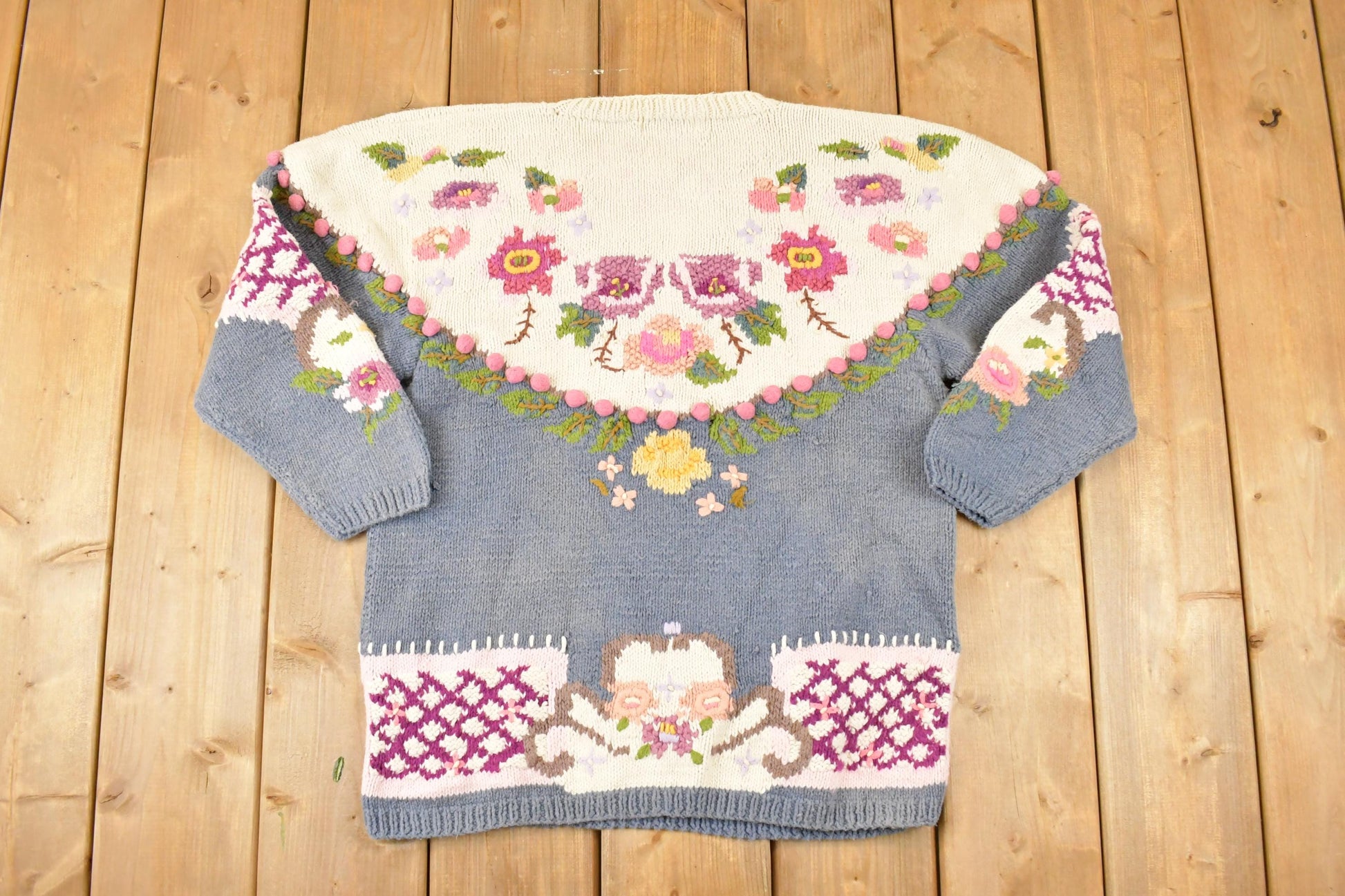 Vintage 1990s Bronte Hand Knit Floral Crewneck Sweater Womens S