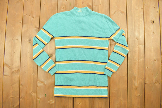 Vintage 1980s Knitted Mock Neck Stripy Sweater / 80s Mock neck / Striped / Sweatshirt / Turtle Neck / Colourful / Casual / Winter