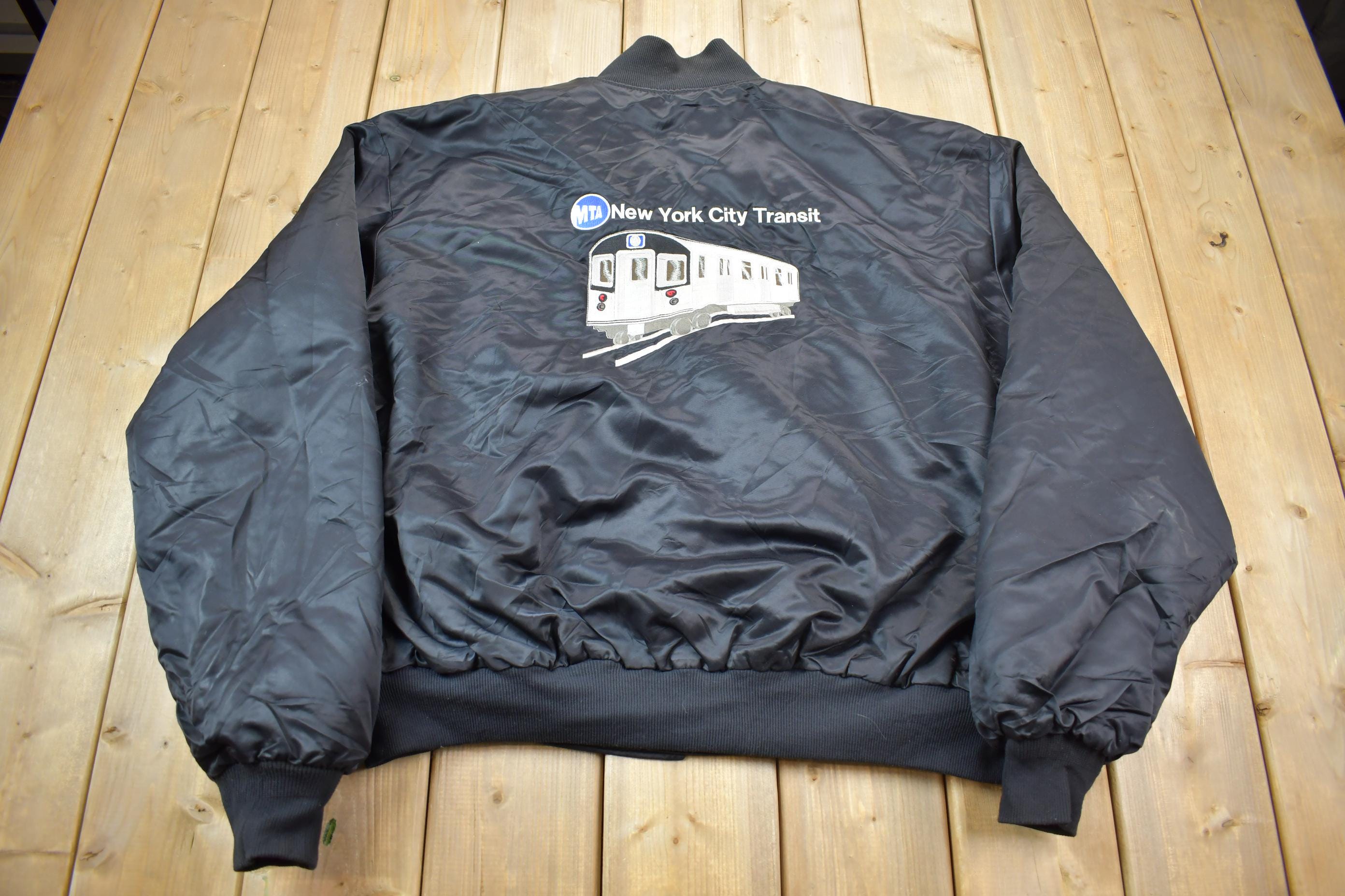 Vintage 1990s MTA New York City Transit Embroidered Snap Button Satin Jacket Made In USA