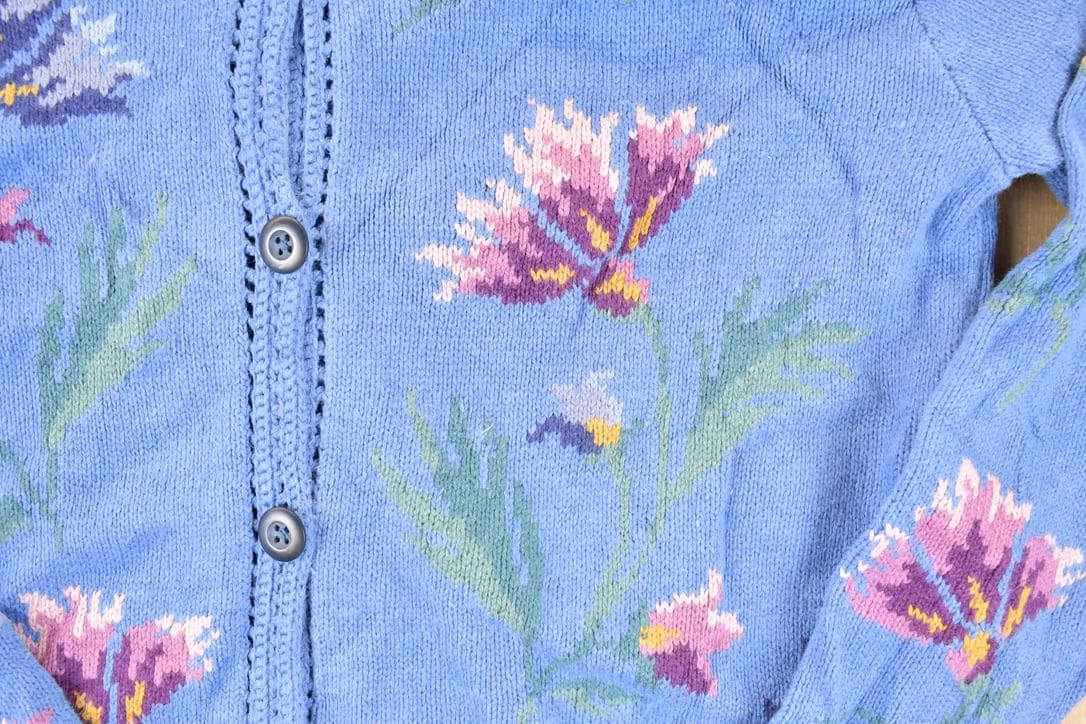 Vintage 1990s Coldwater Creek Floral Embroidered Knit Cardigan Sweater Women's M