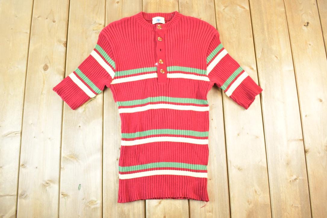 Vintage 1970s The Duffer Of St George Knit Abstract Pattern Quarter Button Crewneck Sweater Women's XS