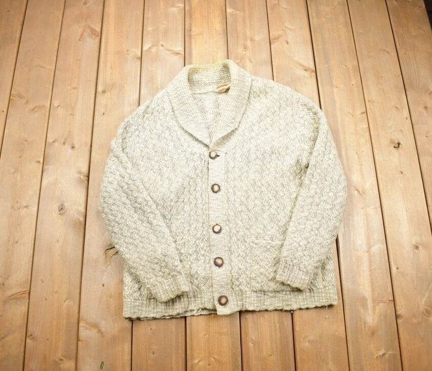 Vintage 1970s 100% Wool Tundra Knit Shawl Collar Cardigan Sweater