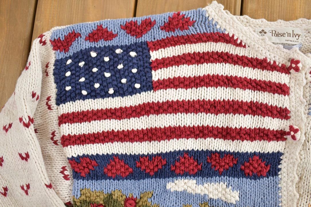 Vintage 1990s Poise N Ivy American Farm Flag 3D Colored Hand Cable Knit Crewneck Sweater