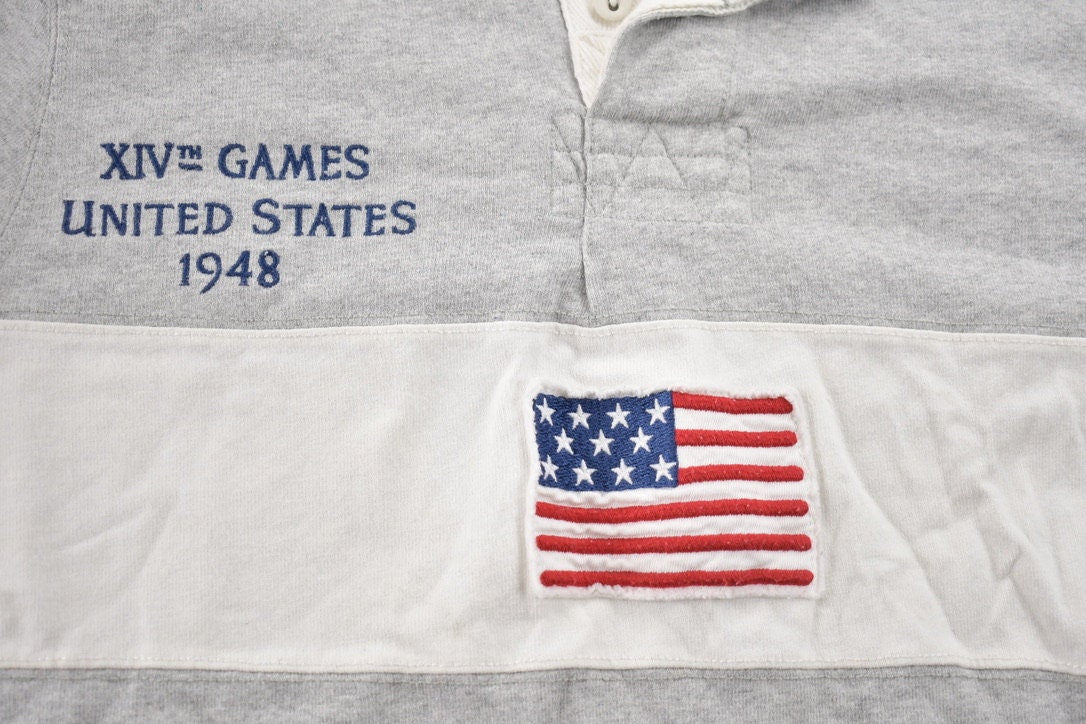 Vintage 1990s Polo Ralph Lauren USA Flag Embroidered Rugby Sweatshirt