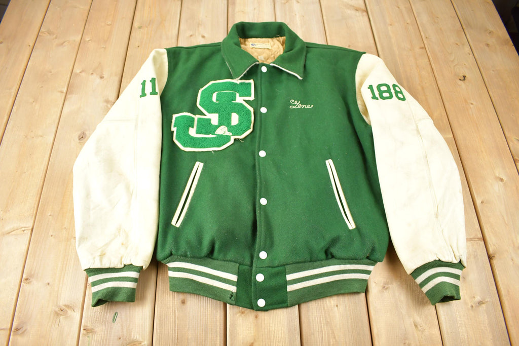 Vintage 1990s St Josephs Varsity Wrestling Leather & Wool Varsity Jacket Made In USA Size 44