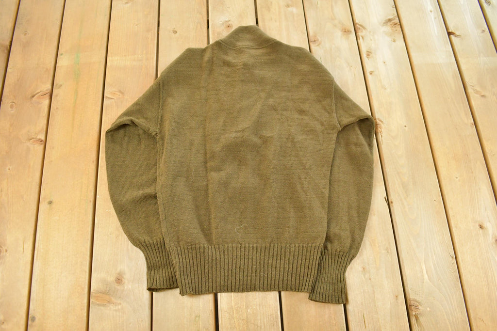 Vintage 1980s Military Wool Olive Henley Knit Sweater Men's Medium