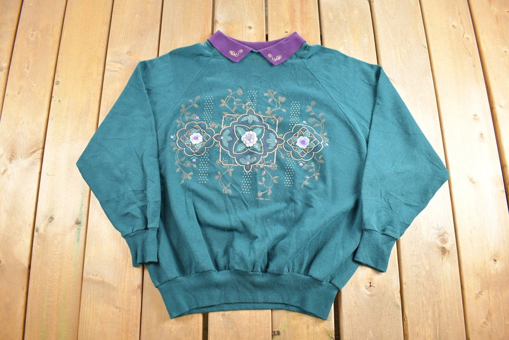 Vintage 1990s Cute Floral Crewneck / 90s Crewneck / Nature / Vintage Sweatshirt / Made In USA / Pullover / Double Collar / Abstract