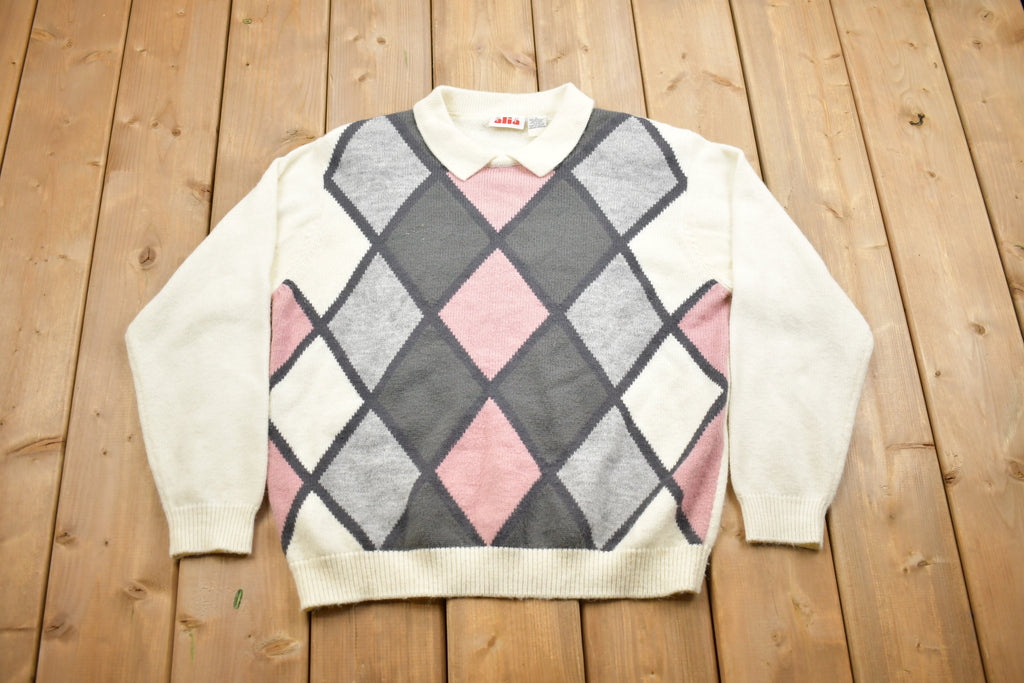 Vintage 1990s Alia Argyle Knitted Collared Sweater /