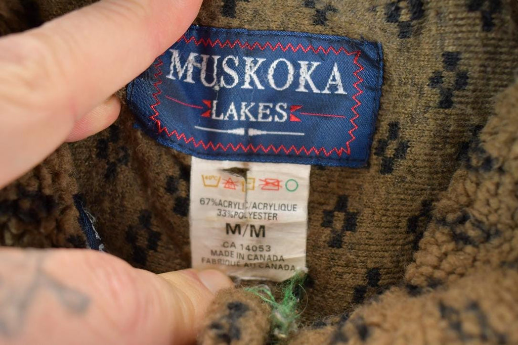 Vintage 1990s Muskoka Lakes All Over Print Abstract Pattern Button Up Fleece Sweater Mens L / 90s Knit Crewneck / Vintage Preppy Knits /