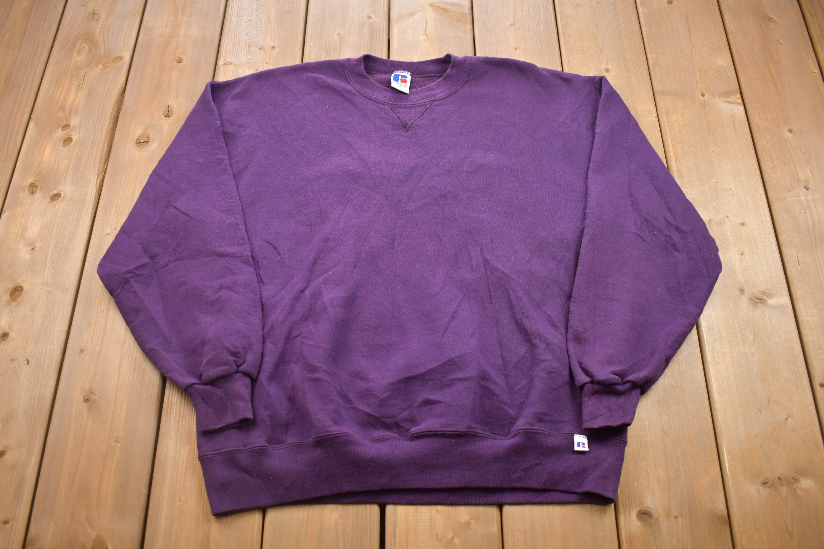 Vintage 1990s Russell Athletics Blank Purple Crewneck Sweatshirt