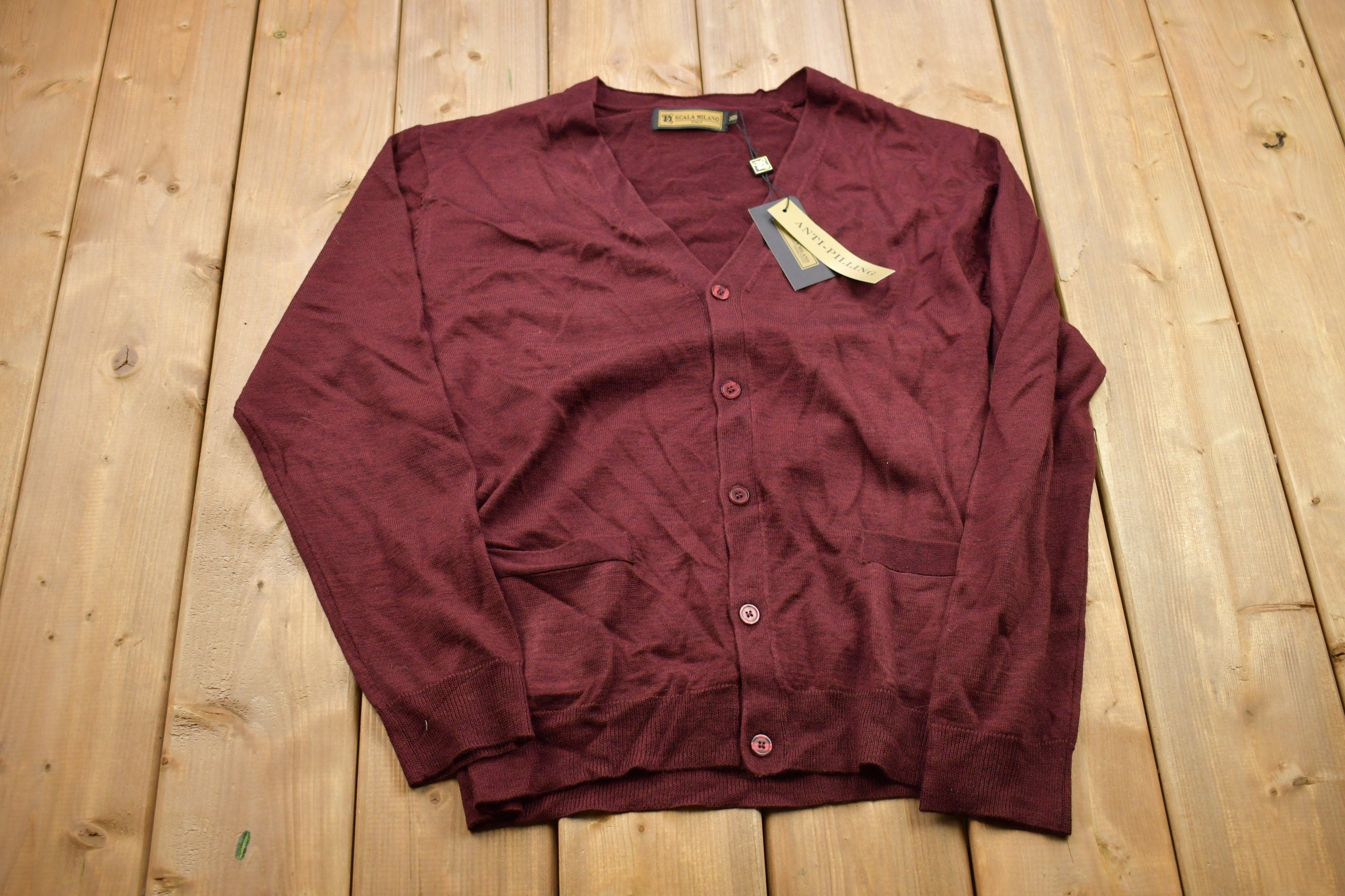 Vintage 1990s Burgundy Scala Milano Italy Knitted Cardigan Sweater