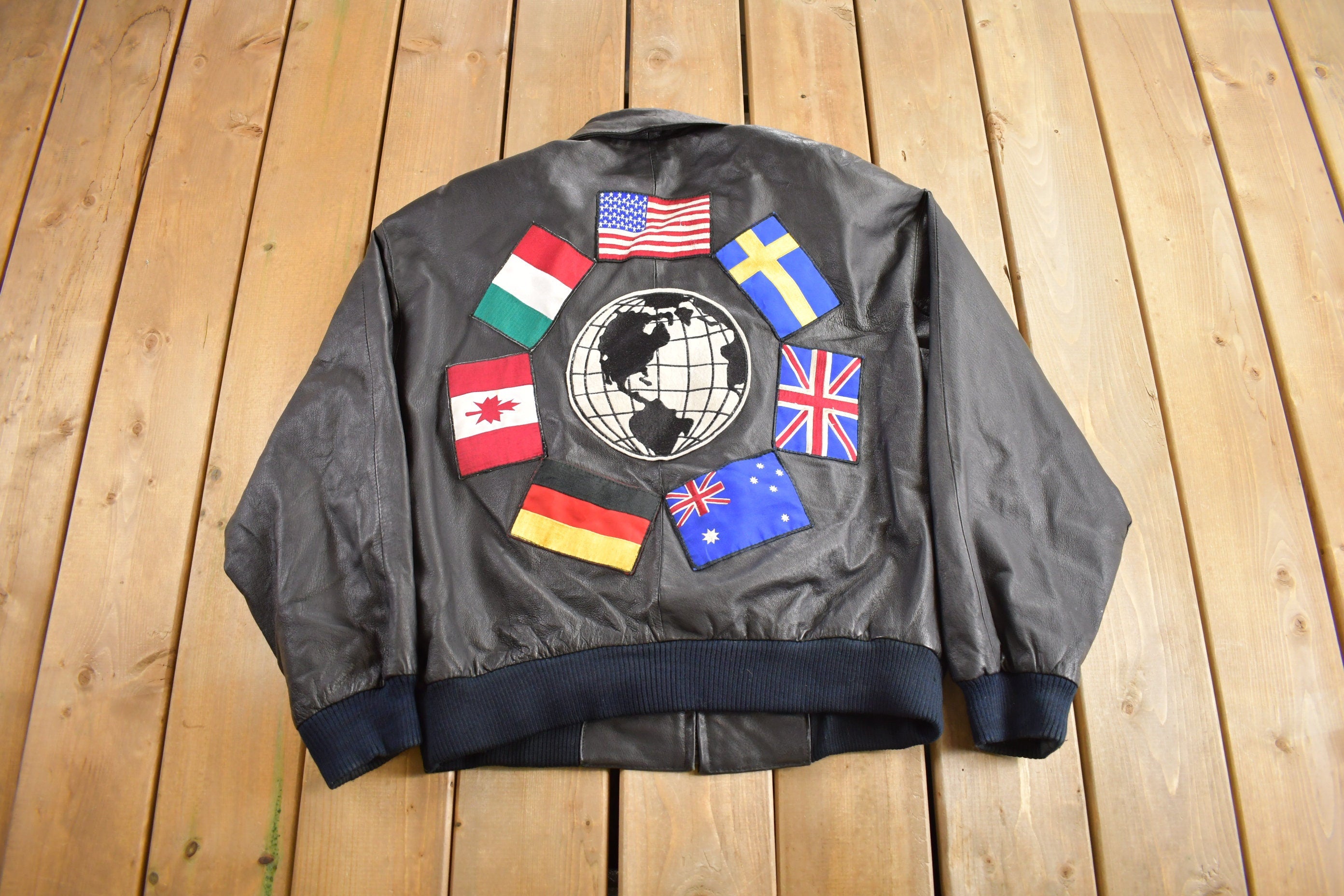Vintage 1990s World Flags Patchwork Leather Jacket