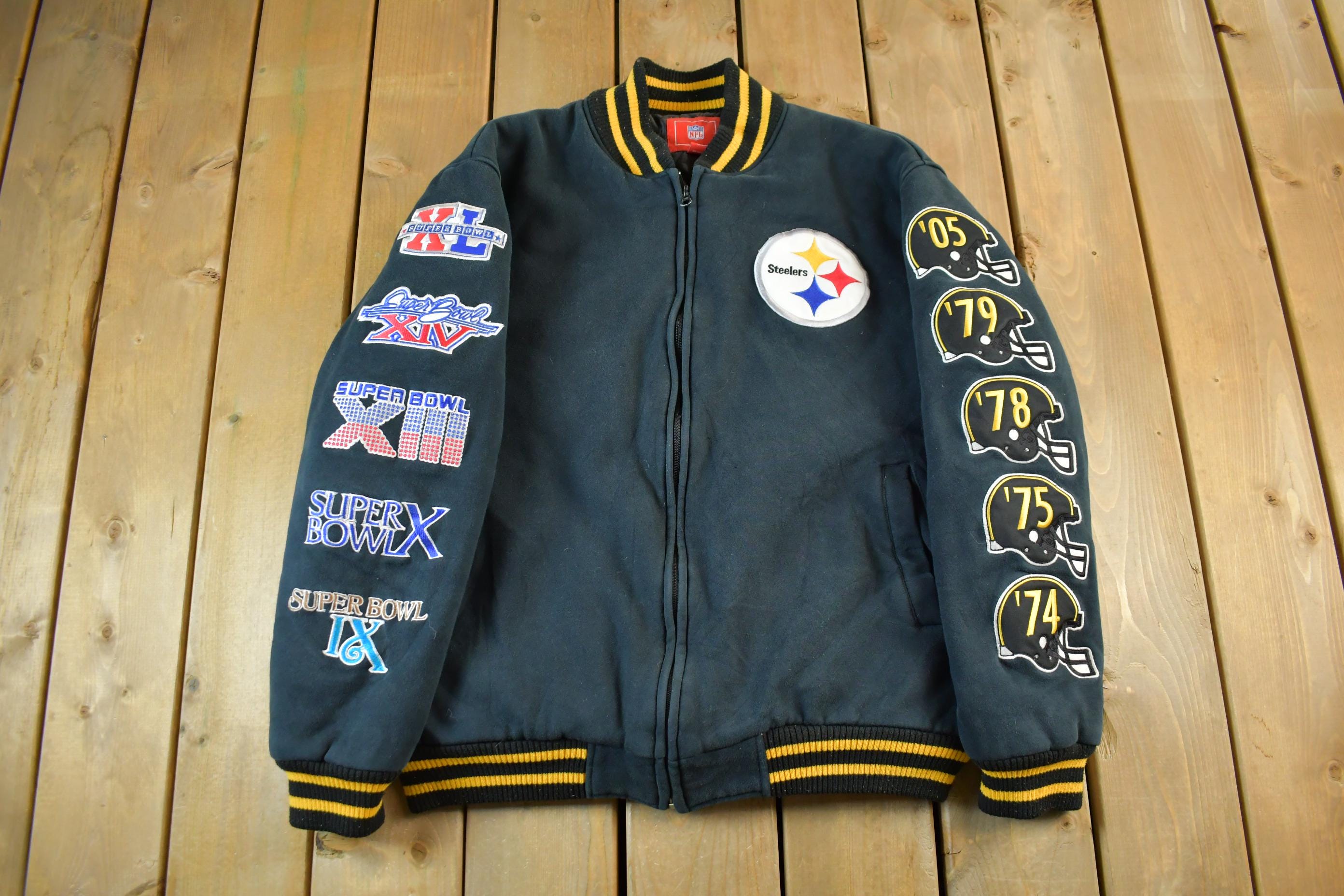 Vintage 2000s NFL Pittsburgh Steelers 6x Super Bowl Champions Embroidered Varsity Jacket Men's 2XL