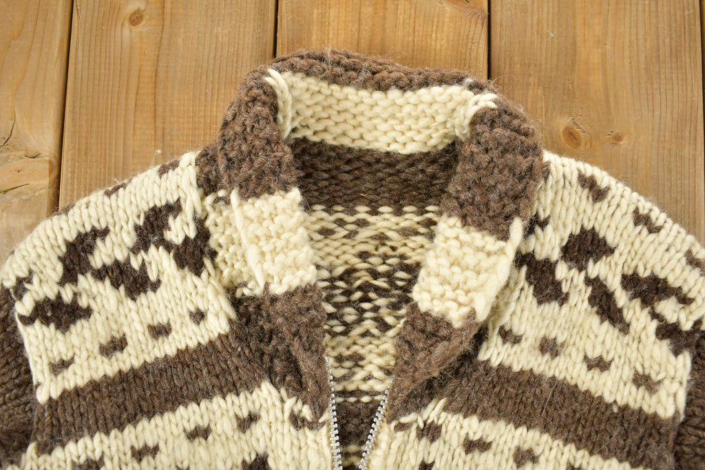 Vintage 1980s Heavy Wool Knit Collared Zip Up Sweater Jacket /