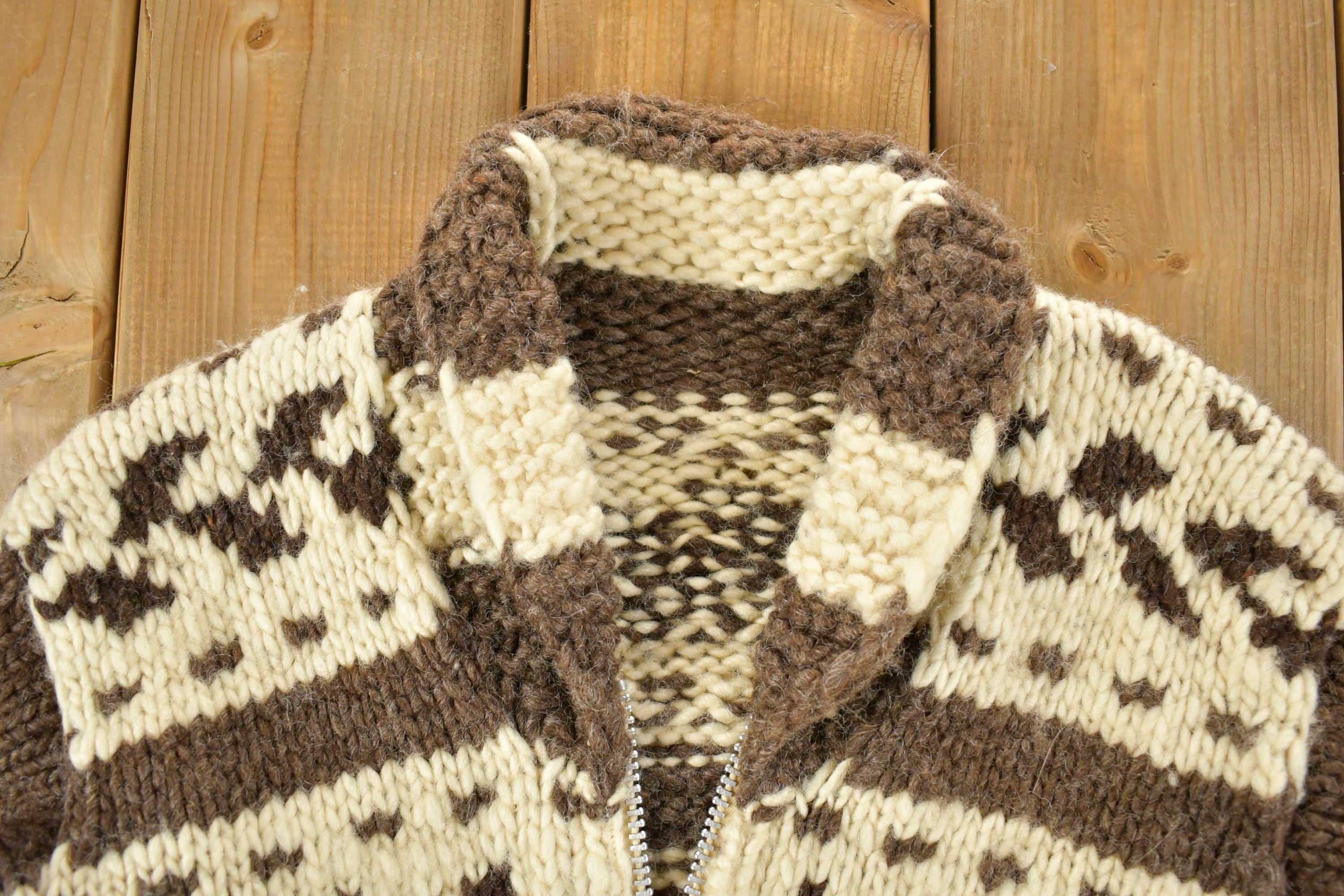 Vintage 1980s Heavy Wool Knit Collared Zip Up Sweater Jacket /