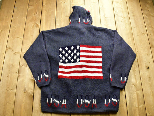 Vintage 90's USA American Flags Wool Knitted Sweater / Vintage 90s Zip Up / Pattern Sweater / Patriotic / Hand Knit / Pullover Sweatshirt