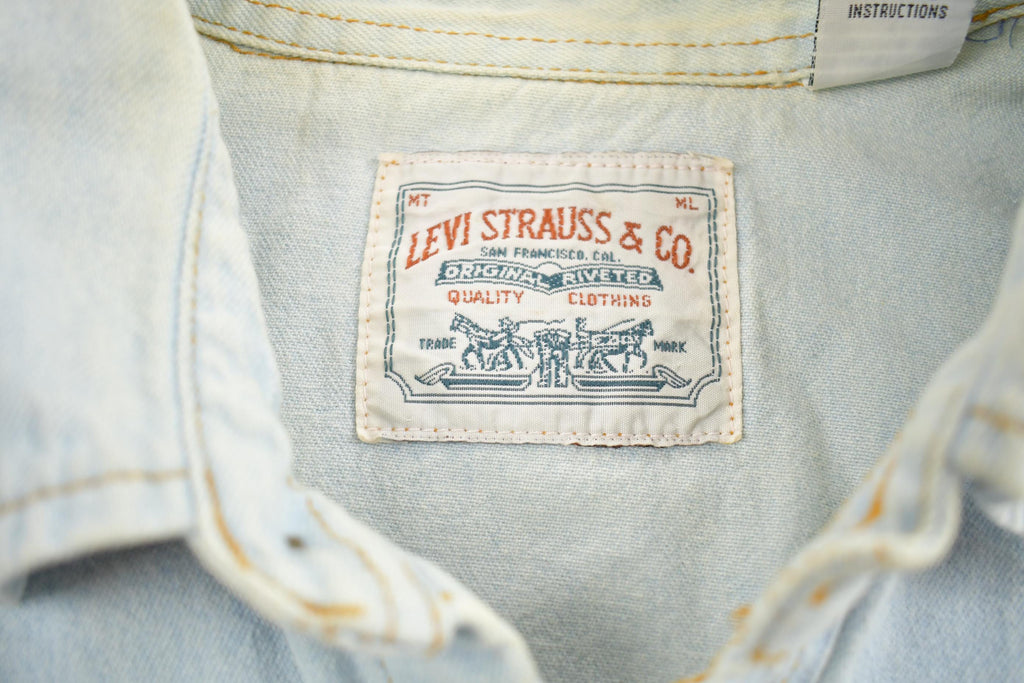 Vintage 1990s Levis Denim Orange Tab Blank Button Up Shirt Made In USA