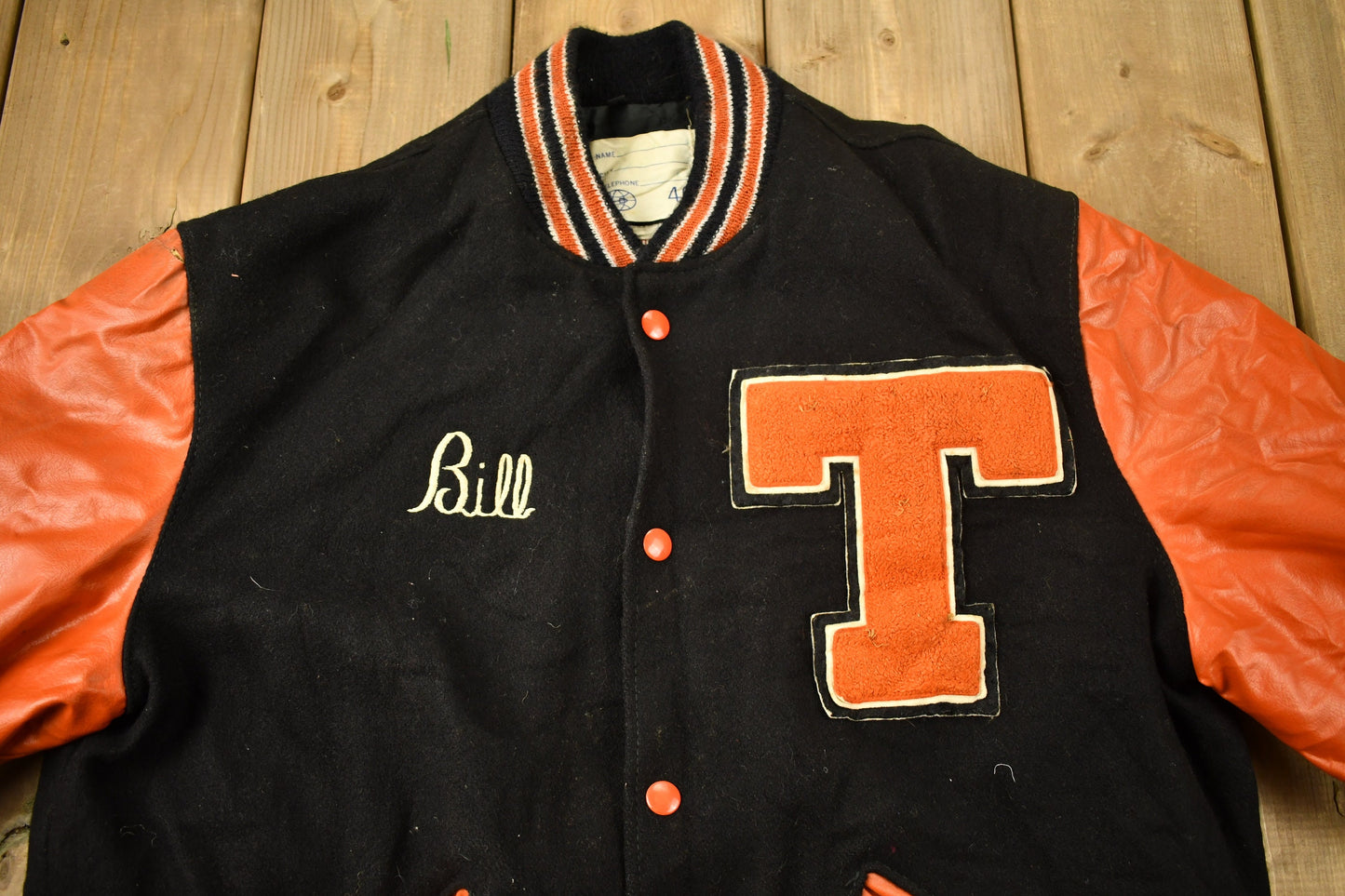 Vintage 1980s Orange & Black Leather Varsity Jacket / Chain Stitched / Bill / Vintage Letterman / Made In USA