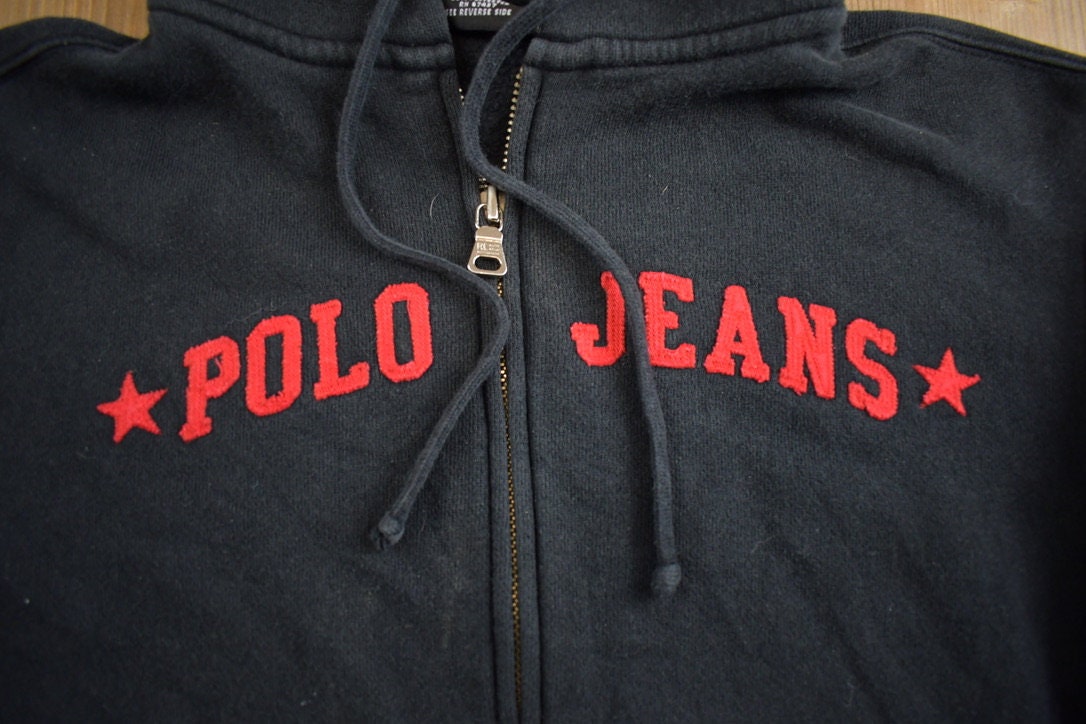 Vintage 1990s Polo Jeans Embroidered Zip Up Hoodie Made In USA