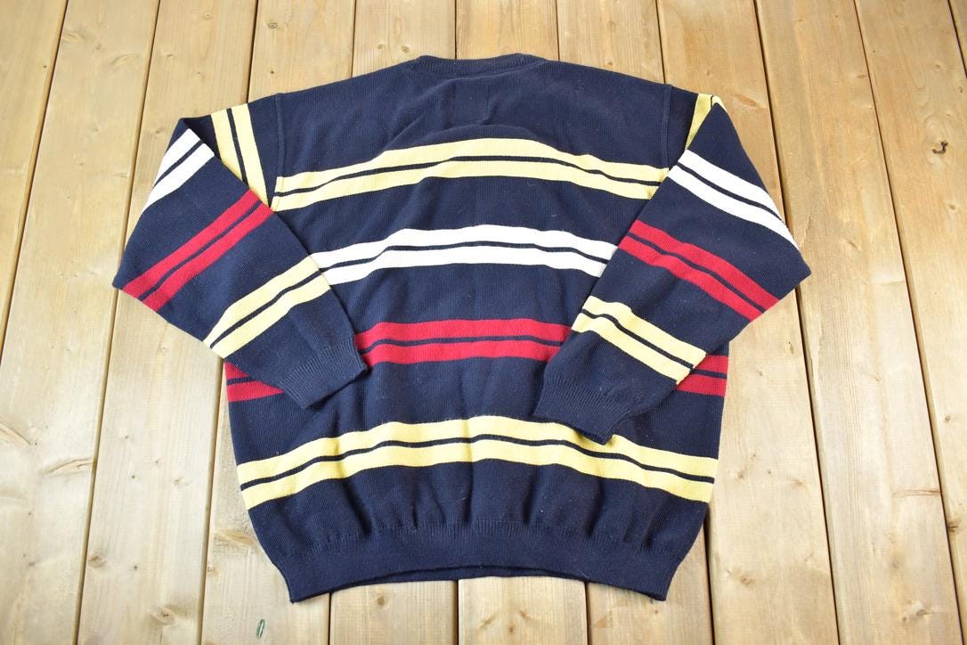 Vintage 1990s Green Coast Yachting Outfits Knit Striped Nautical Crewneck Sweater Made In Italy