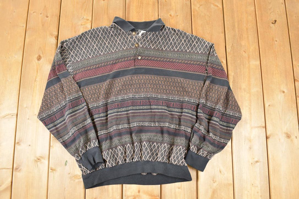 Vintage 1990s LD Sport International Quarter Button Abstract Striped Shirt Mens M
