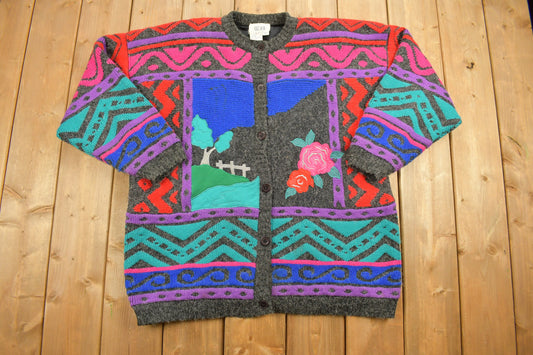 Vintage 1980s Landscape Knit Sweater Patchwork Button Up / 80s Abstract / Outerwear / Farm Graphic / Color Block / All Over Pattern