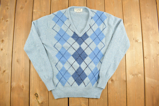 Vintage 1970s Knitted Blue Argyle Crewneck Sweater / Vintage Crewneck / All Over Pattern / Colourful / Made In Scotland / Abstract Pattern