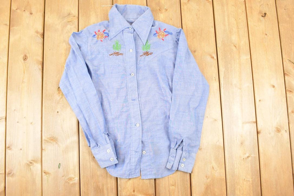 Vintage 1960s Loop Embroidered Horses Button Up Shirt Women's S