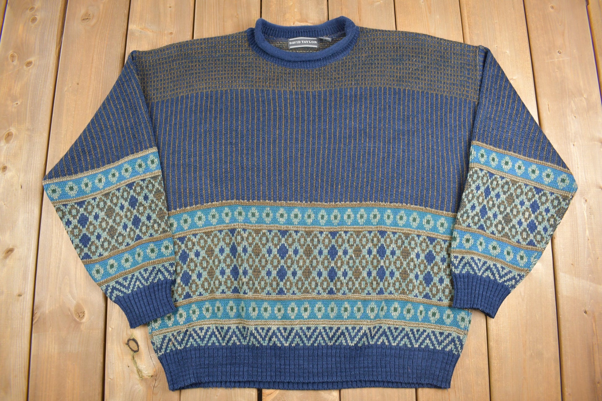 Vintage 1990s David Taylor Knitted Crewneck Sweater / Vintage 90s Crewneck / All Over Pattern / Colorful / Sweatshirt / Abstract Pattern