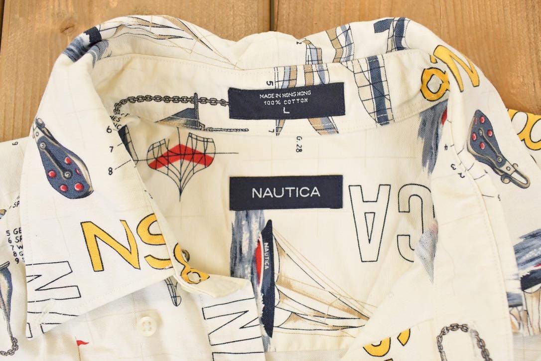 Vintage 1990s Nautica AOP Sailboats Abstract Button Up Shirt Men's L