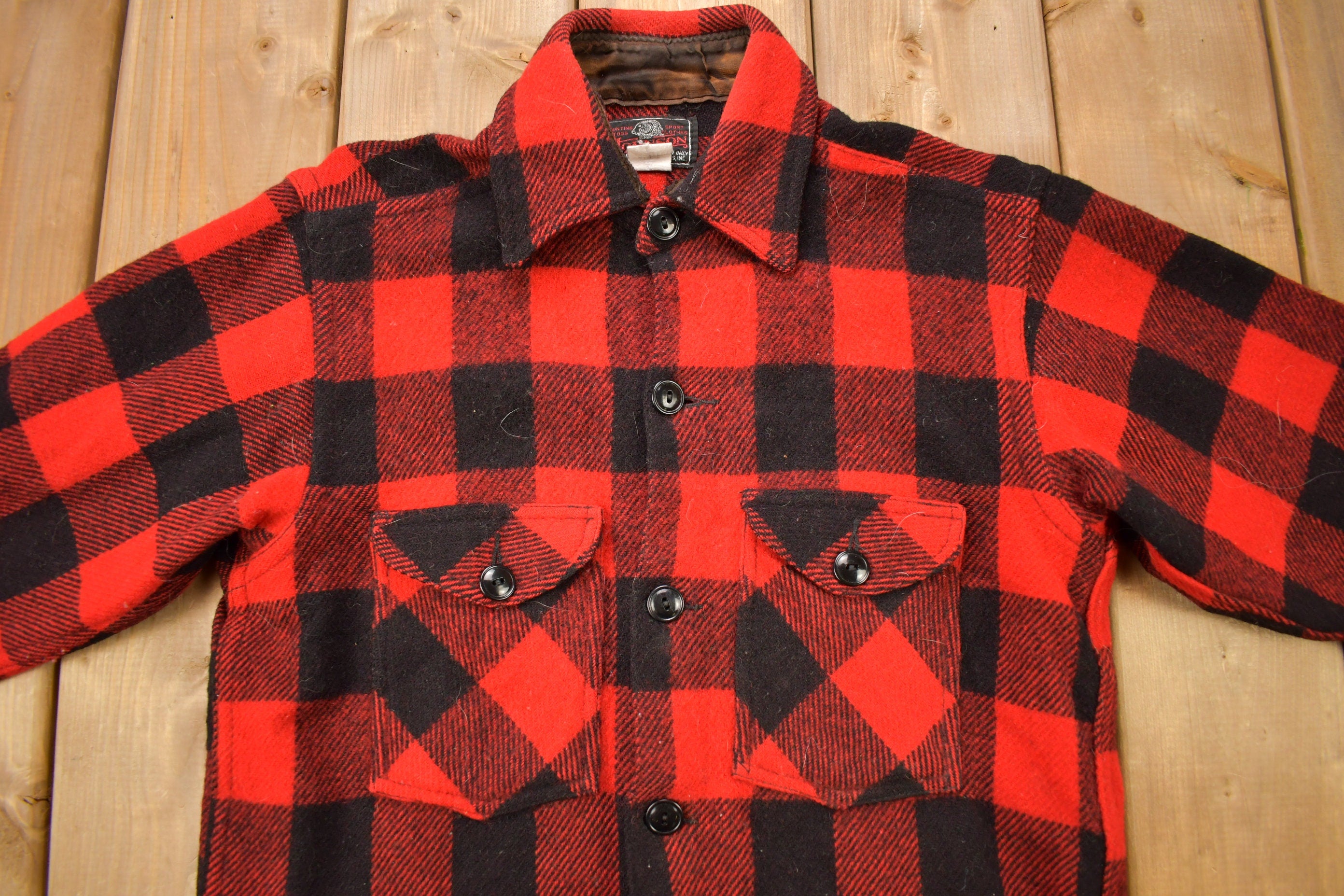 Vintage 1960s Johnson Wool Buffalo Plaid Hunting Togs Shirt