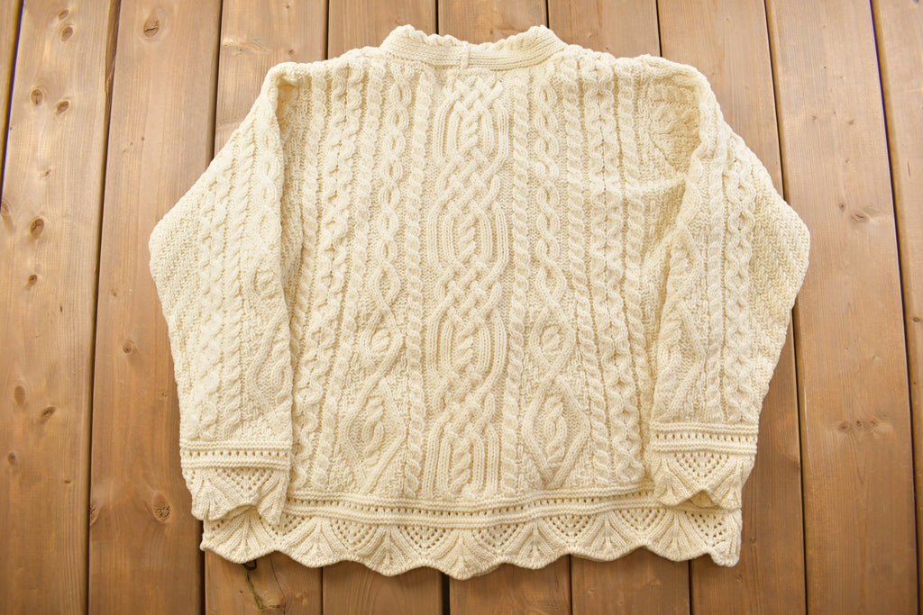 Vintage 1980s Aran Crafts 100% Wool 3D Cable Knit Cardigan Sweater