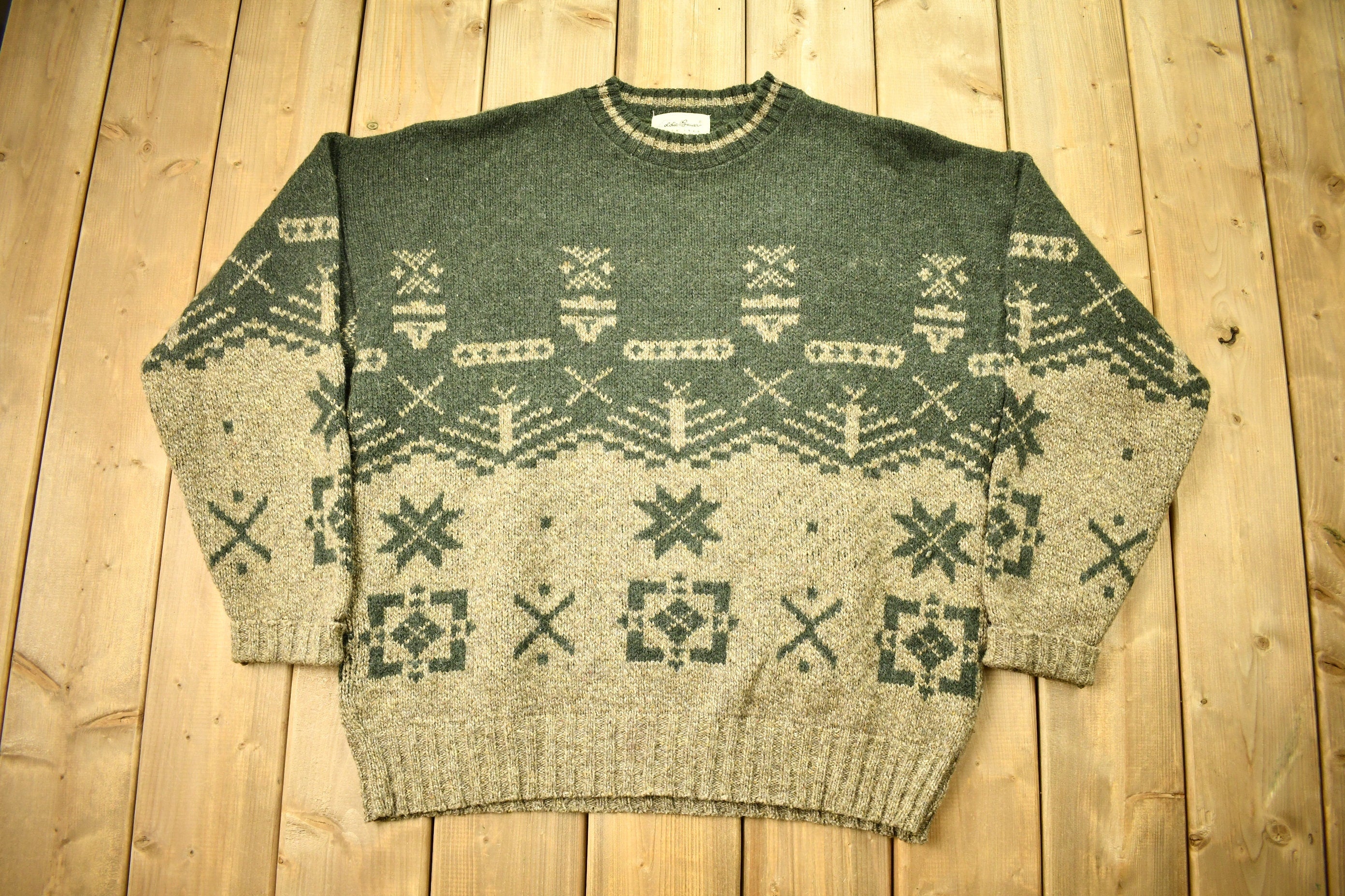 Vintage 1990s Eddie Bauer Abstract Wool Knit Crewneck Sweater