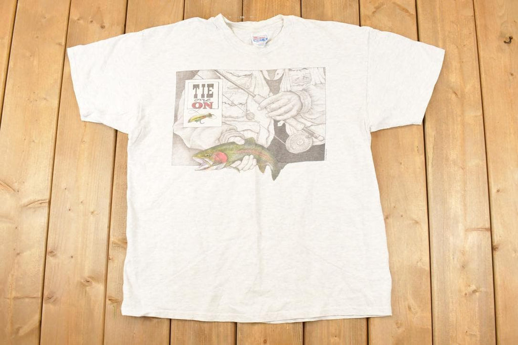 Vintage 1990s Tie One On Souvenir Fishing T-Shirt Men's L  Fish Destination Shirt  90s Single Stitch Graphic Tee  Made in USA