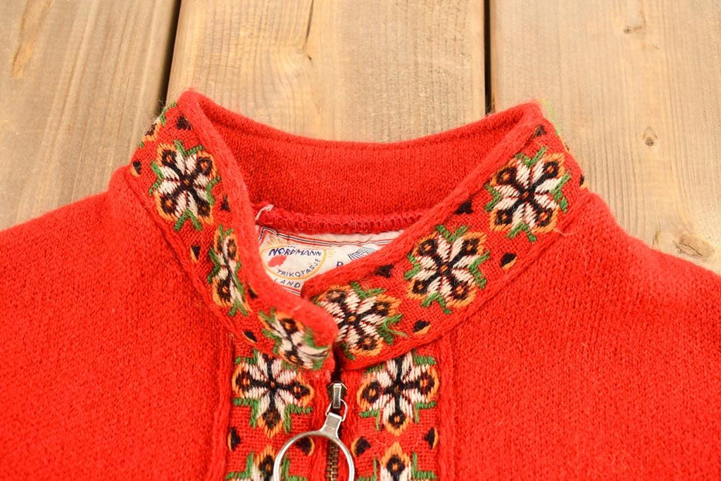 Vintage 1990s Norman 100% Virgin Wool Knit Red Full Zip Up Sweater