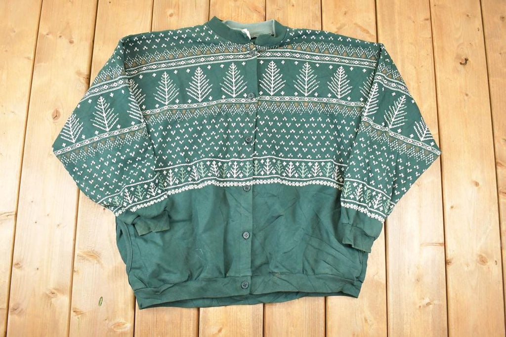 Vintage 1990s Artisans Double Collar Christmas Tree Button Up Graphic Print Crewneck Sweatshirt Women's L