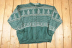 Vintage 1990s Artisans Double Collar Christmas Tree Button Up Graphic Print Crewneck Sweatshirt Women's L