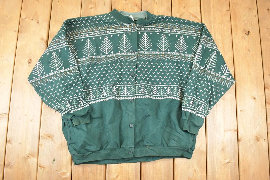 Vintage 1990s Artisans Double Collar Christmas Tree Button Up Graphic Print Crewneck Sweatshirt Women's L