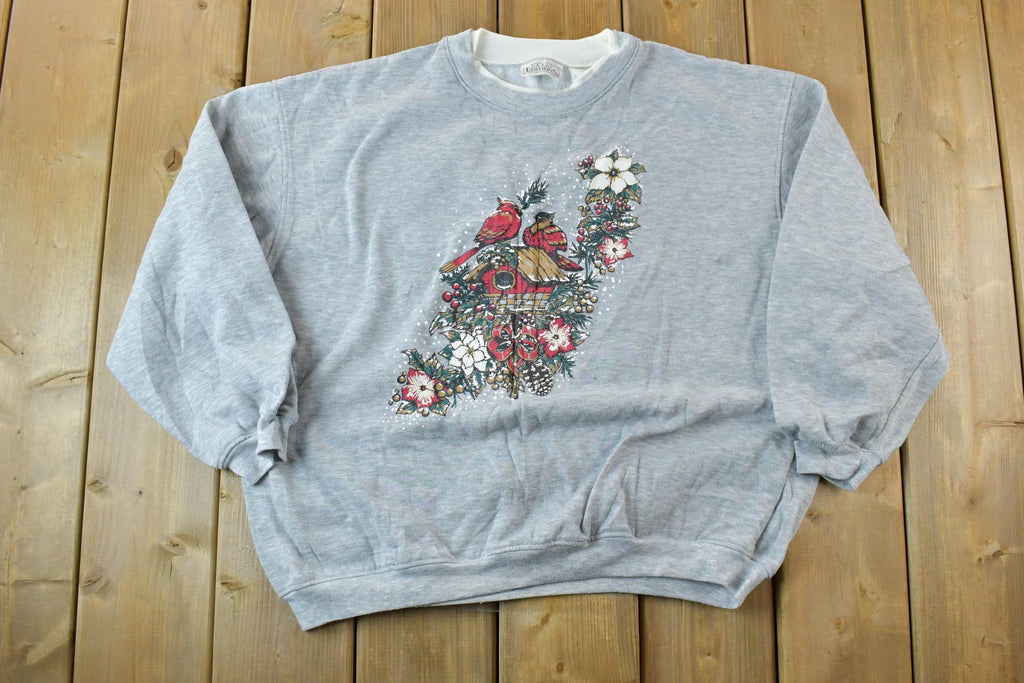 Vintage 1990s Christmas Birds Double Collar Cute Crewneck Sweater