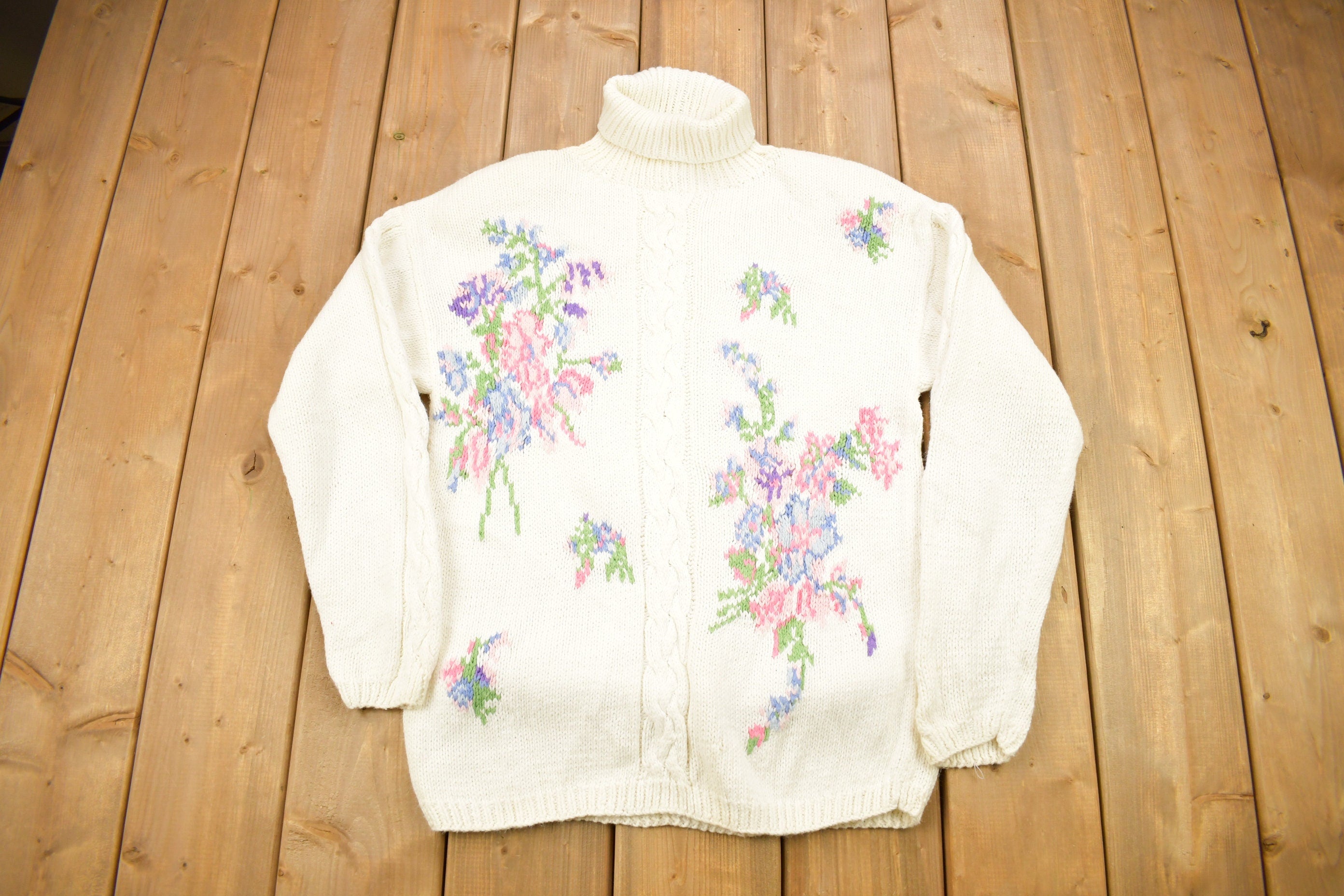 Vintage 1990s Cambridge Spirit Cable Knitted Floral Turtle Neck Sweater