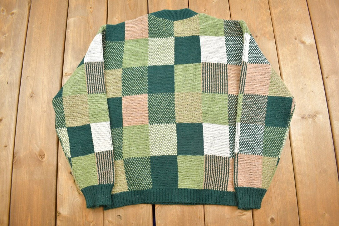 Vintage 1980s Green Patchwork Check Pattern Knit Crewneck Sweater / Vintage 80s Crewneck / All Over Pattern Sweatshirt / Abstract Pattern