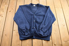Vintage 1990s Navy Blue Blank Cardigan Sweatshirt / Fleece Lined Cardigan Sweatshirt / Vintage Athleisure Cardigan
