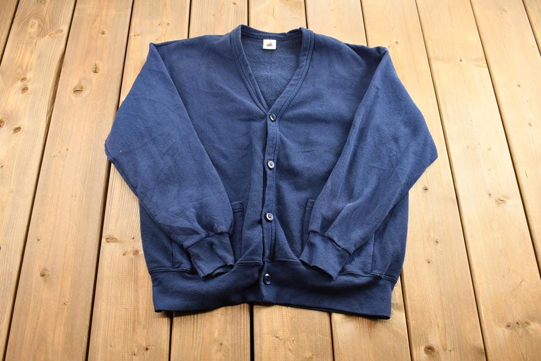Vintage 1990s Navy Blue Blank Cardigan Sweatshirt / Fleece Lined Cardigan Sweatshirt / Vintage Athleisure Cardigan